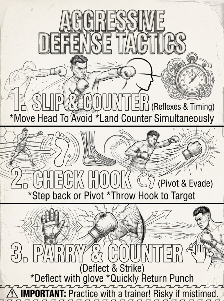 Aggressive defense tactics — slip and counter, check hook, parry and counter