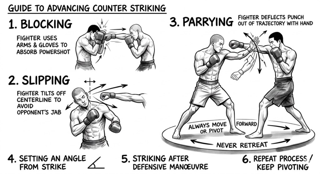 Advancing counter striking — block, slip, parry, angle, strike, repeat