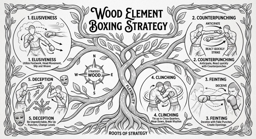 Wood Element Boxing Strategy — elusiveness, counterpunching, feinting, clinching, deception